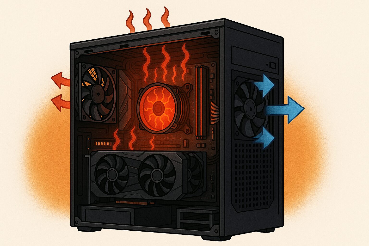 ゲーミングPCの熱の吸排気イメージ図